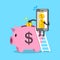 Cartoon smartphone drop money in pink piggy
