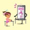 Cartoon smartphone helping a woman to do hamstring stretch exercise