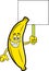 Cartoon smiling banana holding a sign.