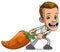 Cartoon smiling boy character dragging big carrot