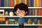 Cartoon smiling boy with glasses stands against the background of shelves with books. Children\\\'s book illustration.