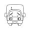 A Cartoon Smiling Car With An Antenna. Cartoon Little Truck. Contour Vector Illustration For Children`s Coloring Book. Funny