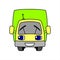 A Cartoon Smiling Car With An Antenna. Cartoon Little Truck. Contour Vector Illustration On White Background. Funny Character For