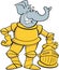 Cartoon smiling elephant wearing a suit of armor.