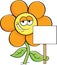 Cartoon smiling flower holding a sign.