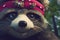 Cartoon smiling fluffy racoon bandit, pirate style, generative AI.