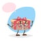 Cartoon smiling gift box character with red ribbon and bow. Humanized party wink symbol with dummy speech bubble isolated on blue