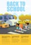 Cartoon smiling girls crossing road along crosswalk in front of stopped bus and car. Traffic safety education for