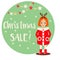 Cartoon smiling kid girl character wearing winter clothes. Christmas Sale banner