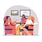 Cartoon smiling ladies sitting in chairs and talking. Young women meet in apartment, visit friend