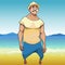 Cartoon smiling male tourist stands on the sandy seashore