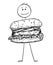 Cartoon of Smiling Man Holding Big Burger or Hamburger