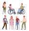 Cartoon smiling man and woman patient handicapped characters standing in row, sitting in wheelchair, holding crutches