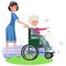 Cartoon smiling nurse helping woman in wheelchair