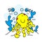 Cartoon of smiling octopus on rock in ocean with telescope