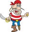 Cartoon smiling pirate holding a cutlass and a gold coin.