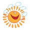 Cartoon smiling sun juggles clouds. Cute vector sun character