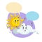 Cartoon smiling sun and pretty cloud mascots. Weather and summer symbol. Shinning and speaking characters with dummy speech bubble