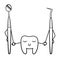 Cartoon smiling tooth holds hands with dental probe and mouth mirror in black lines
