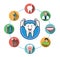 Cartoon Smiling tooth and modern flat dental icons set with long shadow effect