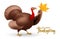 Cartoon smiling turkey bird with hand writting phrase Happy Thanksgiving