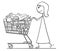 Cartoon of Smiling Woman or Businesswoman Pushing Shopping Cart Full of Goods