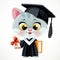 Cartoon smoky gray kitten holding a book and diploma in hands isolated on white background