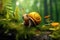 A cartoon snail is sitting on a moss covered log, AI