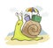 Cartoon snail with umbrella, luggage and happy smile. Travel funny illustration