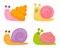 Cartoon snails. Slow colorful animals with spiral shell crawling. Friendly characters smiling, laughing and eating leaf