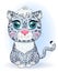 Cartoon snow leopard with expressive eyes. Wild animals, character, childish cute style
