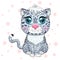 Cartoon snow leopard with expressive eyes. Wild animals, character, childish cute style.