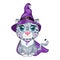 Cartoon snow leopard, leopard, akbars, irbis in purple witch hat and cloak. Halloween