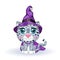 Cartoon snow leopard, leopard, akbars, irbis in purple witch hat and cloak. Halloween