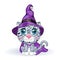 Cartoon snow leopard, leopard, akbars, irbis in purple witch hat and cloak. Halloween