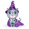 Cartoon snow leopard, leopard, akbars, irbis in purple witch hat and cloak. Halloween