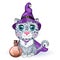 Cartoon snow leopard, leopard, akbars, irbis in purple witch hat and cloak. Halloween