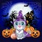 Cartoon snow leopard, leopard, akbars, irbis in purple witch hat and cloak. Halloween