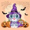 Cartoon snow leopard, leopard, akbars, irbis in purple witch hat and cloak. Halloween