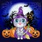 Cartoon snow leopard, leopard, akbars, irbis in purple witch hat and cloak. Halloween