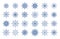 Cartoon snowflakes. Winter geometrical ornamental frozen water symbols. Christmas snow decorations mockup. Blue flakes