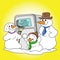 Cartoon snowman and his family standing in front of a refrigerator vector illustration