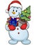 Cartoon snowman holding Christmas tree and gifts. Vector clip art illustration simple gradients