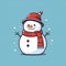 cartoon snowman with red hat and scarf on a light blue background