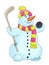 Cartoon snowman with scarf, hat, and hockey stick