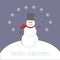 Cartoon Snowman on snowdrift and snowflakes. Violet background. Merry Christmas card Flat design