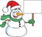 Cartoon snowman wearing a Santa hat and holding a sign.