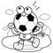 Cartoon soccer ball running and cheering on the football field. Soccer ball at the stadium. Vector black and white coloring page