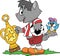 A cartoon soccer player gray cat holding a champion cup in his hands vector illustration