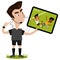 Cartoon soccer referee blowing whistle pointing to his headset holding display and reviewing replay of foul